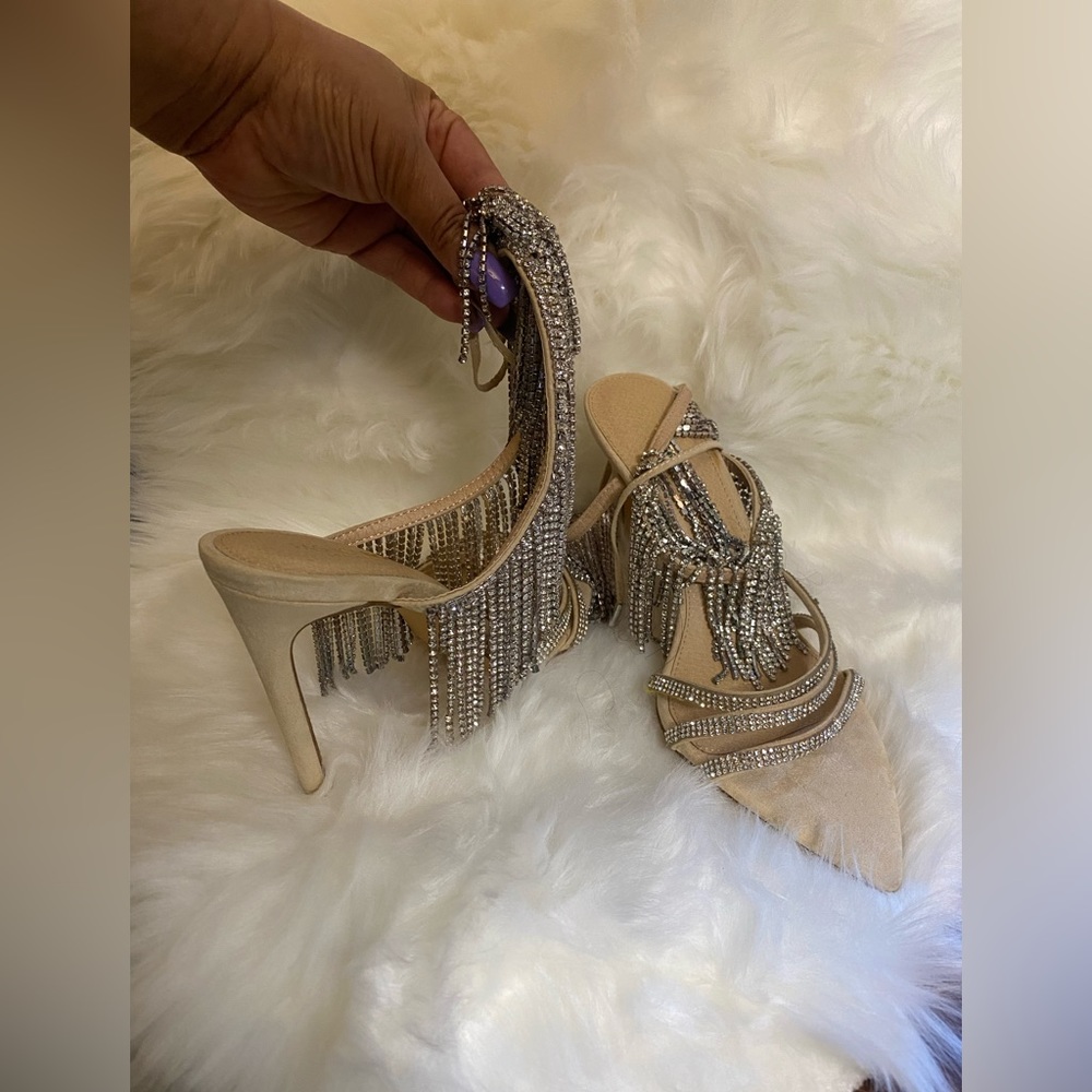 Fashion Nova heels 4.5 inches. Size 9, missing a few rhinestones not noticeable.
